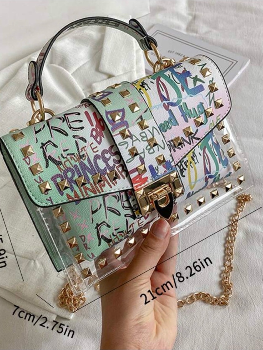 Pastel Multi Graffiti Studded Crossbody Bag with Chain Strap - Picture 4 of 7